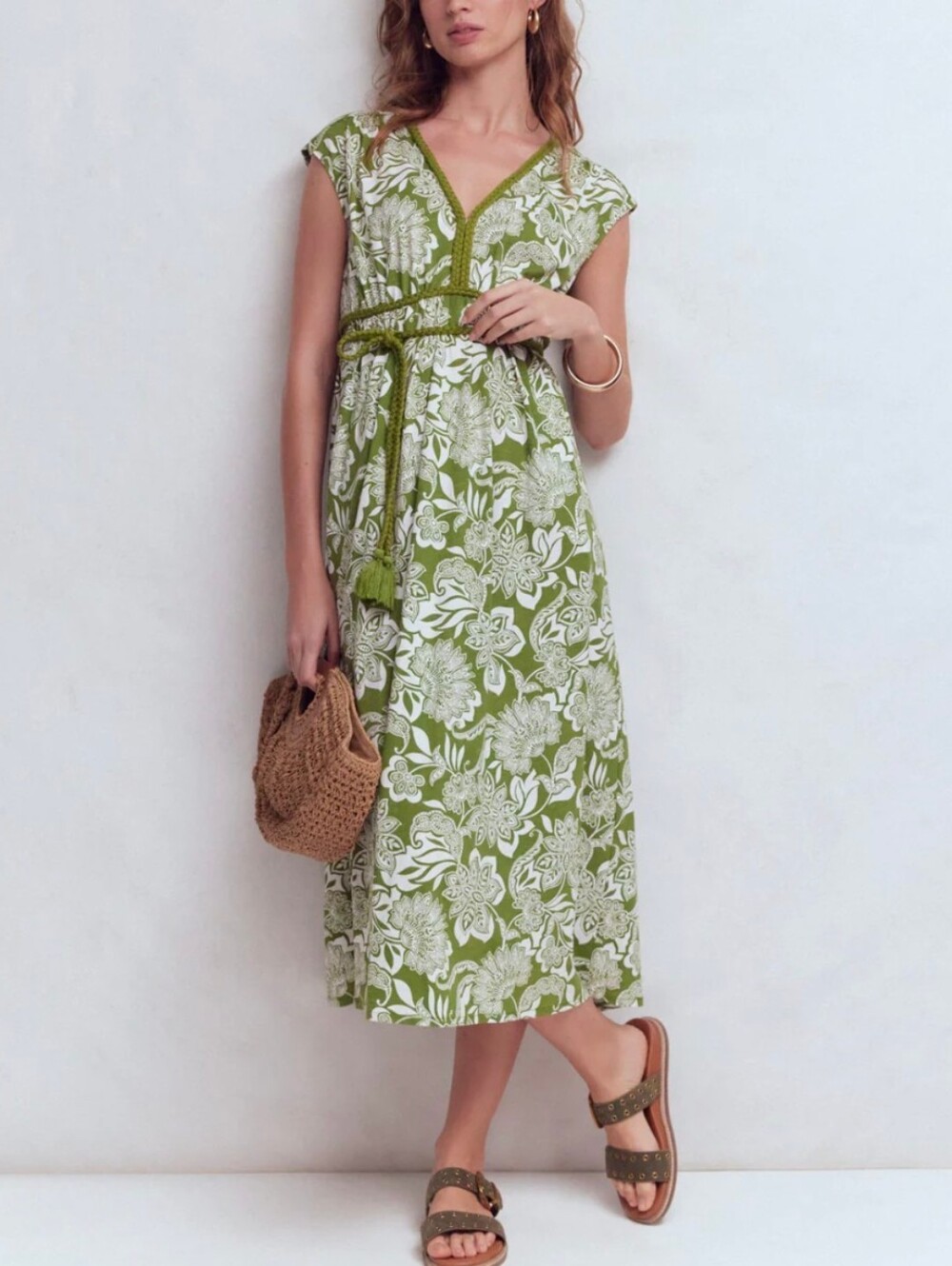 BODEN Heidi Rushed Rope Jersey Olive Maxi Dress Sleeveless Braided Rope 4R NWOT